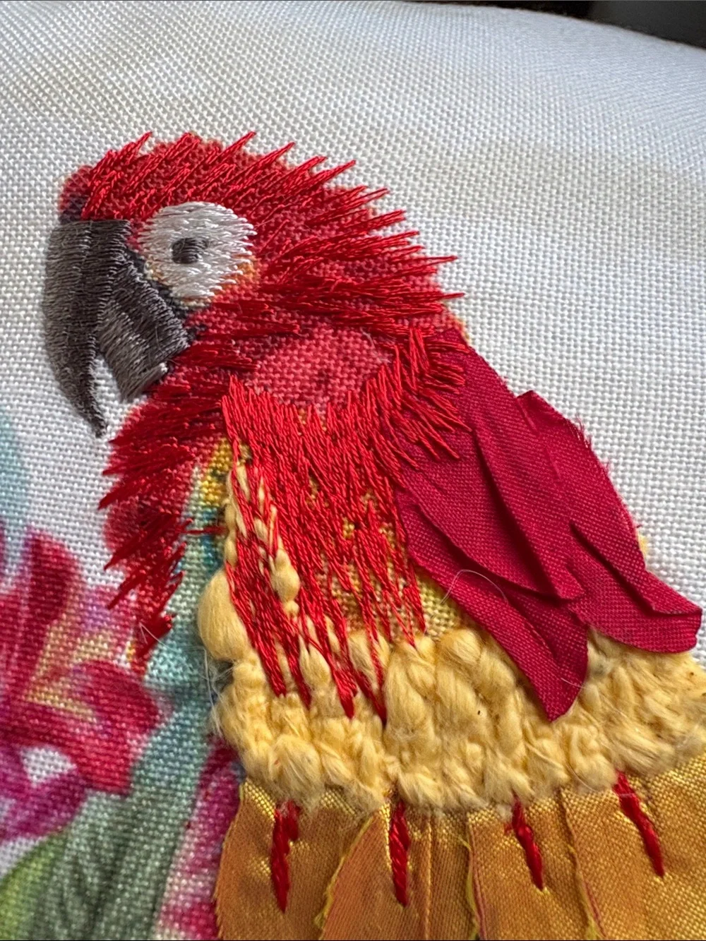 Embroidered Parrot Accent Pillow in Cream with Multicolor Detail
